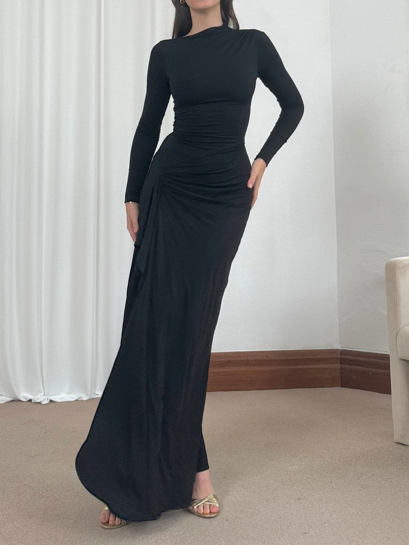 Veneta – Draped elegant stretch – Long-sleeve gown-15133954572661-Mirella Fiore