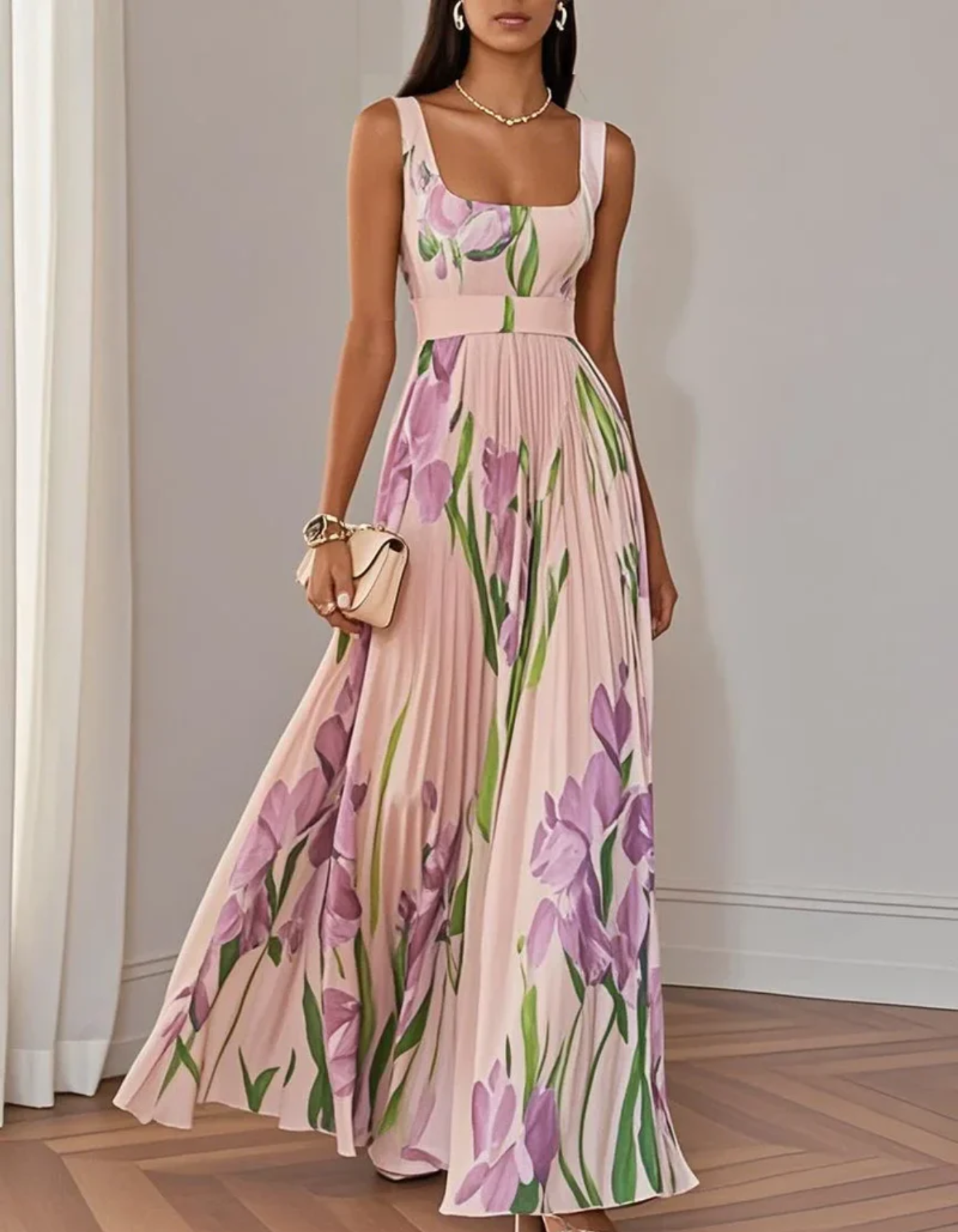 Vivienna – Watercolour floral – Pleated maxi dress-15133851681141-Mirella Fiore