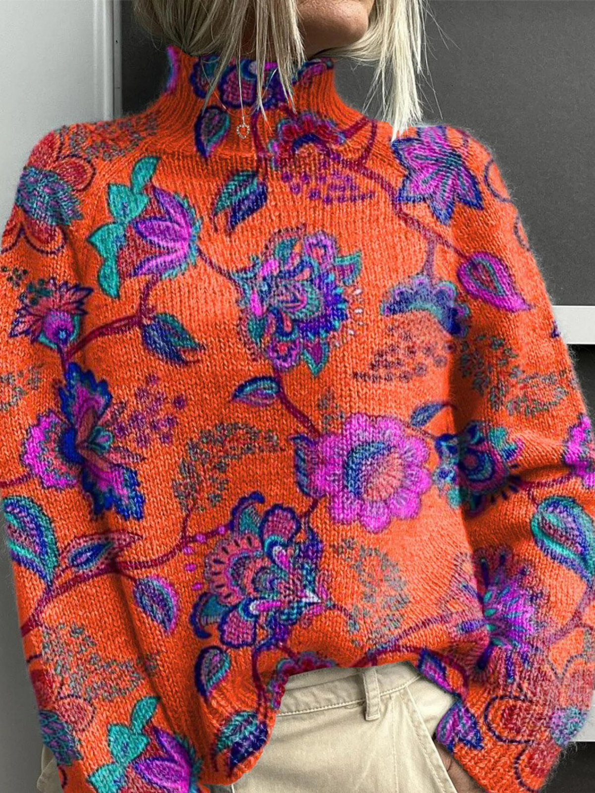 Zarline - Women's Floral Art Print Knitted Turtleneck Pullover Sweater-15553139933557-Mirella Fiore