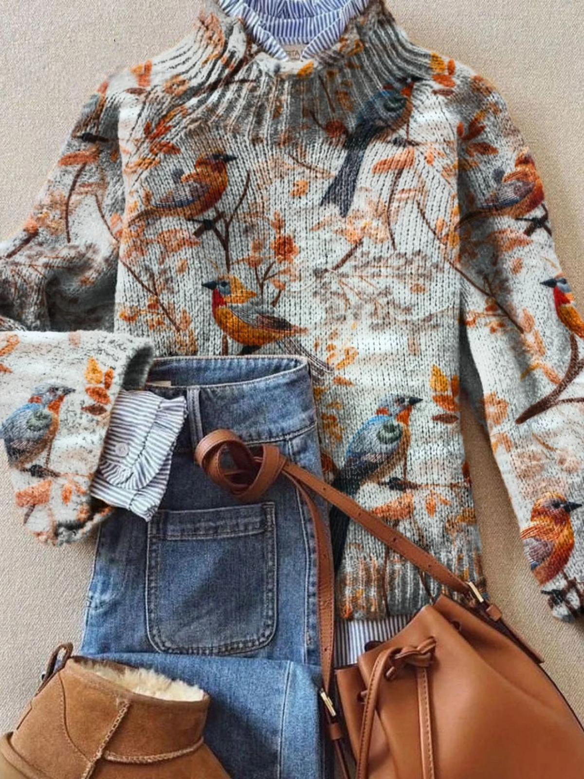 Zephyra - Vintage Lovely Floral Birds Art Print Knit Turtleneck Pullover Sweater-15553140392309-Mirella Fiore